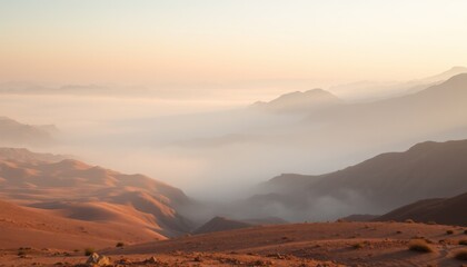 Naklejka premium Misty mountain range at sunrise, soft light, desert landscape.