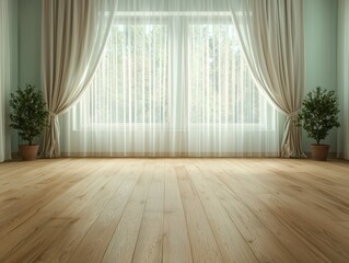 Serene Minimalist Room with Light Wood Floor and Symmetrical Window View, Tranquil Interior Design Concept