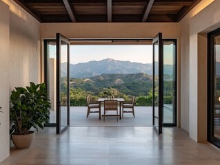Fototapeta premium Serene Mountain View through Bi-Fold Glass Doors in Modern Minimalist Interior, Luxury Retreat Concept
