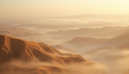 Misty sunrise over rolling hills and valleys.