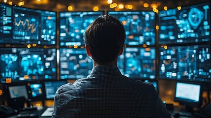 Business Leader Tracking Real Time Expansion Metrics on Futuristic Holographic Screens