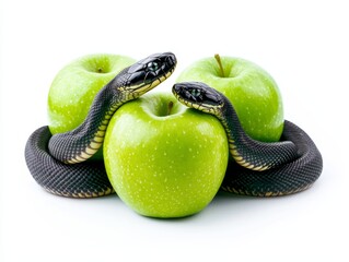 Serpentine Temptation Closeup of Sinuous Black Snake Coiled Around Glossy Green Apples on Clean White Background - Symbolic Still Life for Concepts of Temptation, Nature, Product Advertising