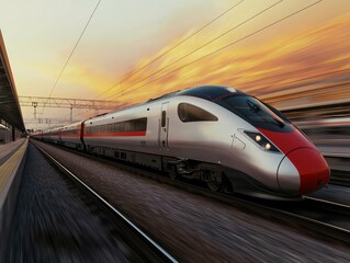 Naklejka premium Sleek High-Speed Train Racing Under Sunset Sky - Modern Transportation Technology Concept