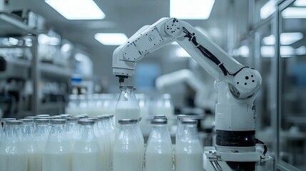 Robotic Arm Filling Milk Bottles In A Factory