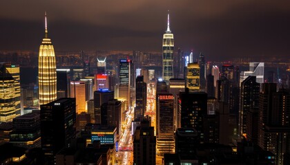 Obraz premium Night cityscape, illuminated skyscrapers, city lights, urban scene, high angle view.