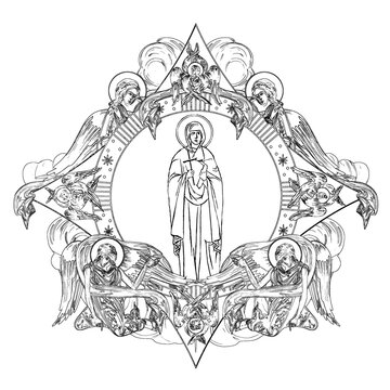 saint surrounded by angels, black and white clip art preview