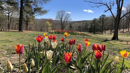 Vibrant tulip field in full bloom under a clear blue sky signaling the arrival of spring