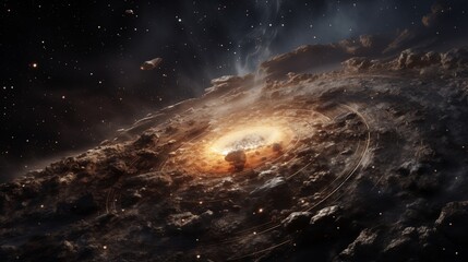 A galaxy with an asteroid belt, backlighting, space on the right,generative ai illustration