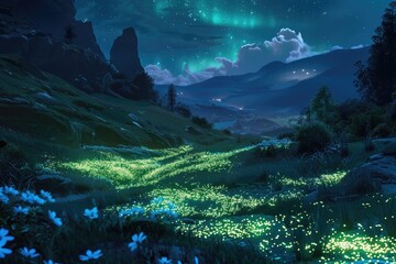 A Field of Luminous Flowers Under a Starry Sky