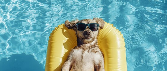 Sunglass-Wearing Dog Relaxing on Yellow Pool Float in Turquoise Pool, Summer Fun and Pet Relaxation Concept
