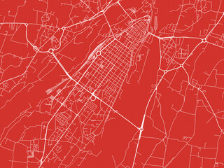 Christmas Map of Cuneo, Italy in Snowy White on Festive Red Background.