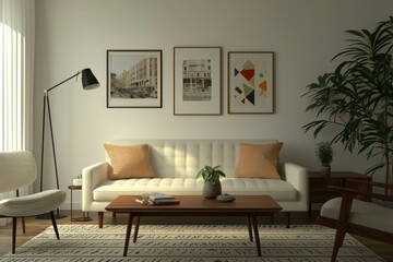 Symmetrical Elegance Luxurious Off-White Leather Sofa in Minimalist Living Room with Mid-Century Modern Influences, Serene Atmosphere