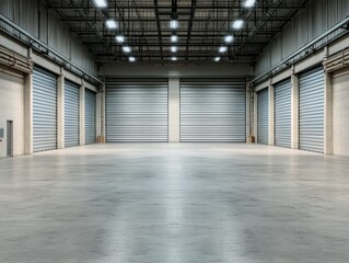 Symmetrical Industrial Interior with Expansive Empty Space, Metallic Roller Doors, and Fluorescent Lighting - Minimalist Architectural Design Concept for Warehousing or Presentation
