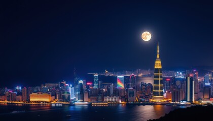 Naklejka premium Night cityscape with full moon, skyscrapers, and harbor lights.