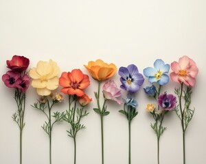 Obraz premium Symmetrical Rainbow Spectrum Floral Row on Soft Pastel Background - Serene Minimalist Composition with Brightly Lit Flowers for Greeting Cards, Web Banners, and Decor