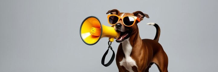 Cool dog hipster in sunglasses holding megaphone. Marketing, sale, discount concept. Website banner. Copy space template