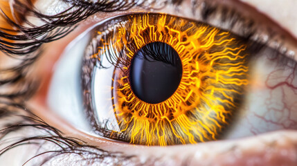 Detailed macro of eye with glowing circuit patterns, showcasing vibrant colors and intricate