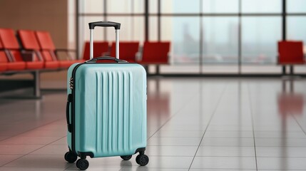 Tranquil Aqua Suitcase in Airport Terminal - Travel anticipation concept with modern luggage in serene setting
