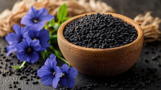 Rustic bowl of black cumin seeds with purple flowers on dark background