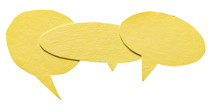 Yellow round blank cut out cardboard paper speech bubbles with rough edges and copy space for text on transparent png background design element