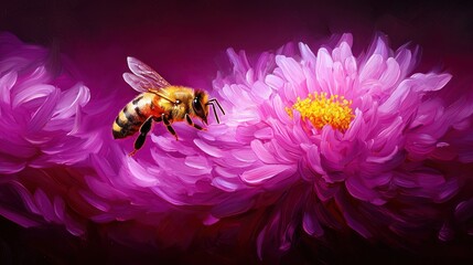 A vibrant bee hovers near a blooming pink flower, showcasing nature's beauty and the essential role of pollinators in the ecosystem.
