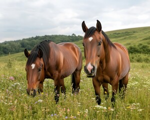 Fototapeta premium Tranquil Pastoral Scene Closeup of Chestnut Brown Horses Grazing in Wildflower Field with Serene Landscape Background, Peaceful and Natural - Ideal for Nature, Animals, and Rural Themes