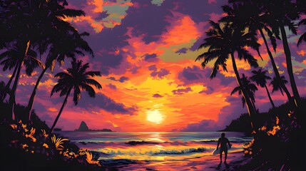 A vibrant sunset casts a warm glow over a tropical beach scene. Silhouetted palm trees line the shore, and a lone surfer stands in the foreground, board in hand, gazing out at the setting sun