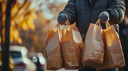 Volunteer distributing grocery bags filled with essentials, symbolizing support during tough times