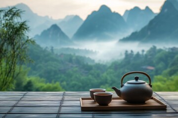 Enjoying a peaceful tea ceremony with a breathtaking view of the misty mountains