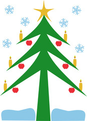 Christmas tree with candles, apples and snow on the white background