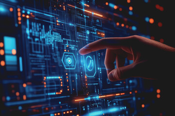 Close-up hand touching digital IoT technology AI chatbot smart device cyber security.