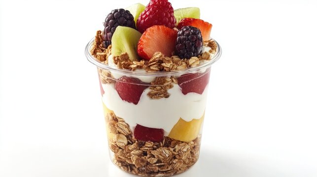 A yogurt parfait with granola and fresh fruits, healthy breakfast food, isolated on white background