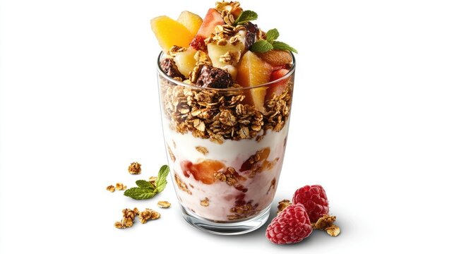 A yogurt parfait with granola and fresh fruits, healthy breakfast food, isolated on white background