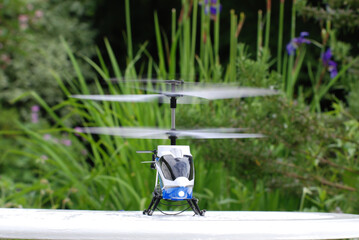 Model radio controlled helicopter prepares for take off 