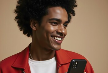 Positive emotions. Close up of young good-looking dark-skinned male with afro hairstyle in white t-shirt and red shirt smiling with teeth, chatting with friend on smartphone