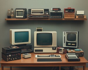 Vintage Computer Collection on Wooden Shelf - Retro Tech Memorabilia Display in Symmetrical Composition with Nostalgic Retro Mood