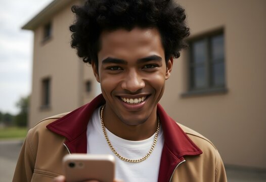 Positive emotions. Close up of young good-looking dark-skinned male with afro hairstyle in white t-shirt and red shirt smiling with teeth, chatting with friend on smartphone - Powered by Adobe
