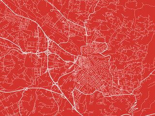 Christmas Map of Sassari, Italy in Snowy White on Festive Red Background.