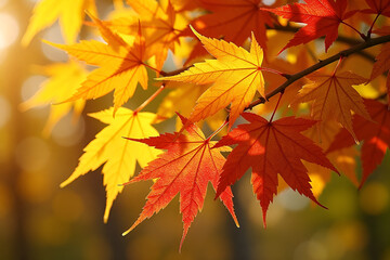 Obraz premium Maple leaves in yellow, red and green colors are an expression of seasonal changes that occur in nature during autumn
