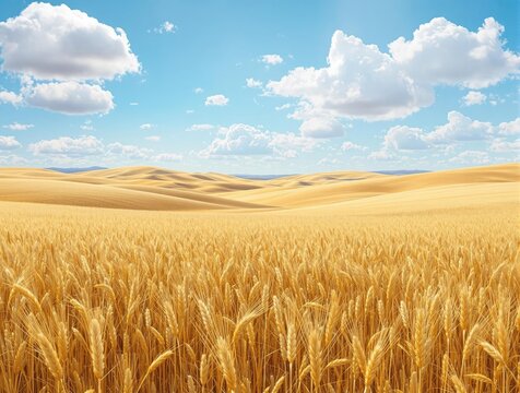 A picturesque golden wheat field stretches across the rolling hills, with a bright blue sky and fluffy white clouds drifting lazily by, fields, golden wheat, sunlit., clouds