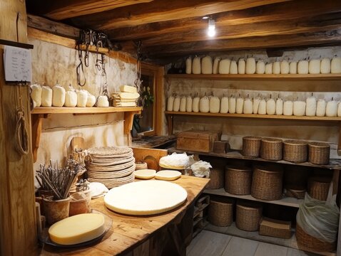 A rustic cheese-making room with aged cheese wheels and traditional tools on wooden shelves and tables