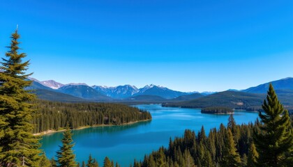 Fototapeta premium Panoramic view of a pristine mountain lake surrounded by evergreen trees under a clear blue sky.