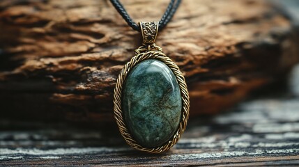 Oval green gemstone pendant necklace on wood.