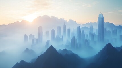A breathtaking skyline shrouded in morning mist, showcasing towering skyscrapers against majestic mountains.