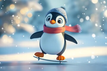 A cute cartoon penguin character in a blue hat, sliding on ice in a winter wonderland