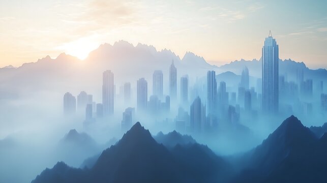 A breathtaking skyline shrouded in morning mist, showcasing towering skyscrapers against majestic mountains.