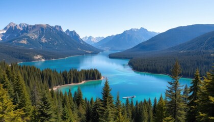 Panoramic view of a pristine turquoise lake nestled in a mountain valley, surrounded by lush evergreen forests under a clear blue sky.
