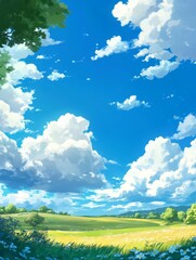 Whispy Cumulus Clouds over Serene Meadow - Peaceful landscape, fluffy clouds, blue sky, green field, wildflowers. Symbolizing tranquility, nature, freedom, hope, and serenity.