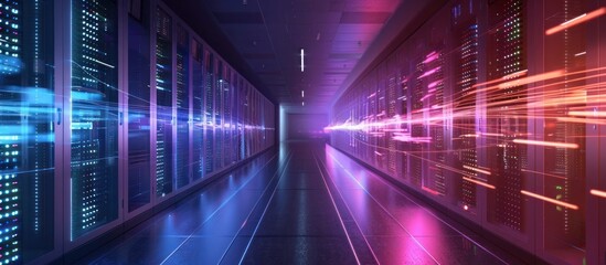 Futuristic data center corridor with vibrant digital lights blurred motion and a sense of technological innovation and advancement  The image depicts a sleek