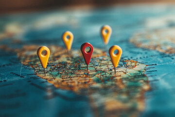 Colorful location pins marking destinations on a world map, symbolizing travel planning, tourism and global exploration